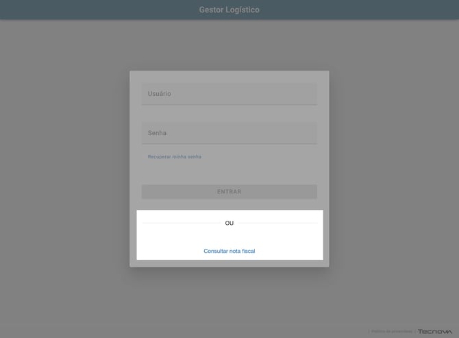 Opção para consultar nota fiscal a partir da página de login