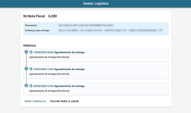 Resultado da consulta com o histórico de eventos da nota fiscal